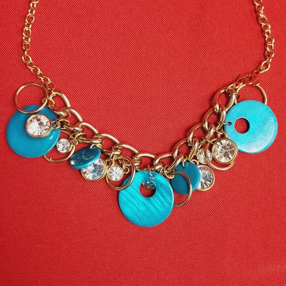 Guess Necklace Blue Teal Beads Gold Tone Clear Rhinestones - Picture 8 of 10